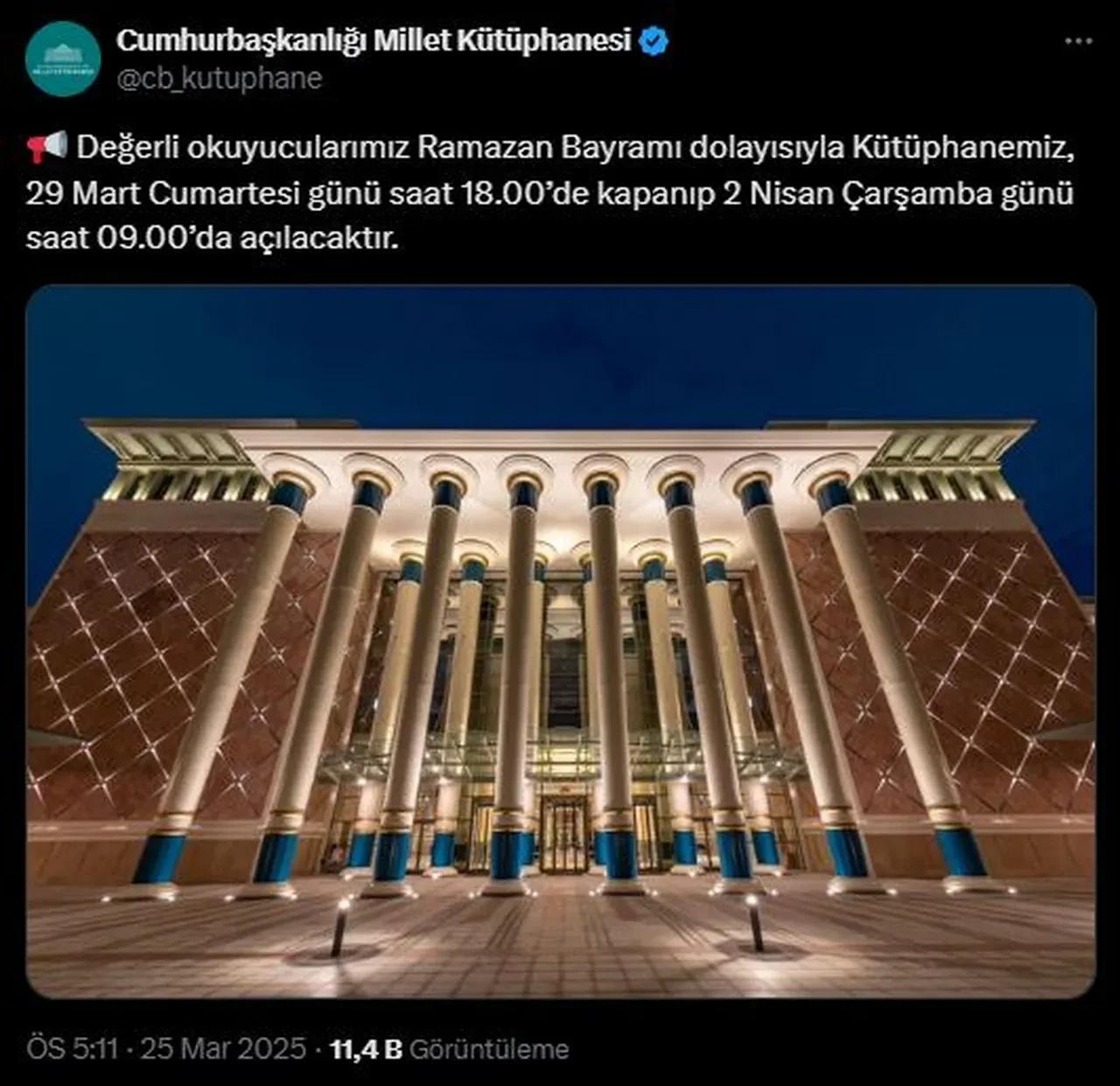 Millet Kutuphenesinin Bayramda Acik Olup Olmadigi Belli Oldu 3211176 202503311438 2