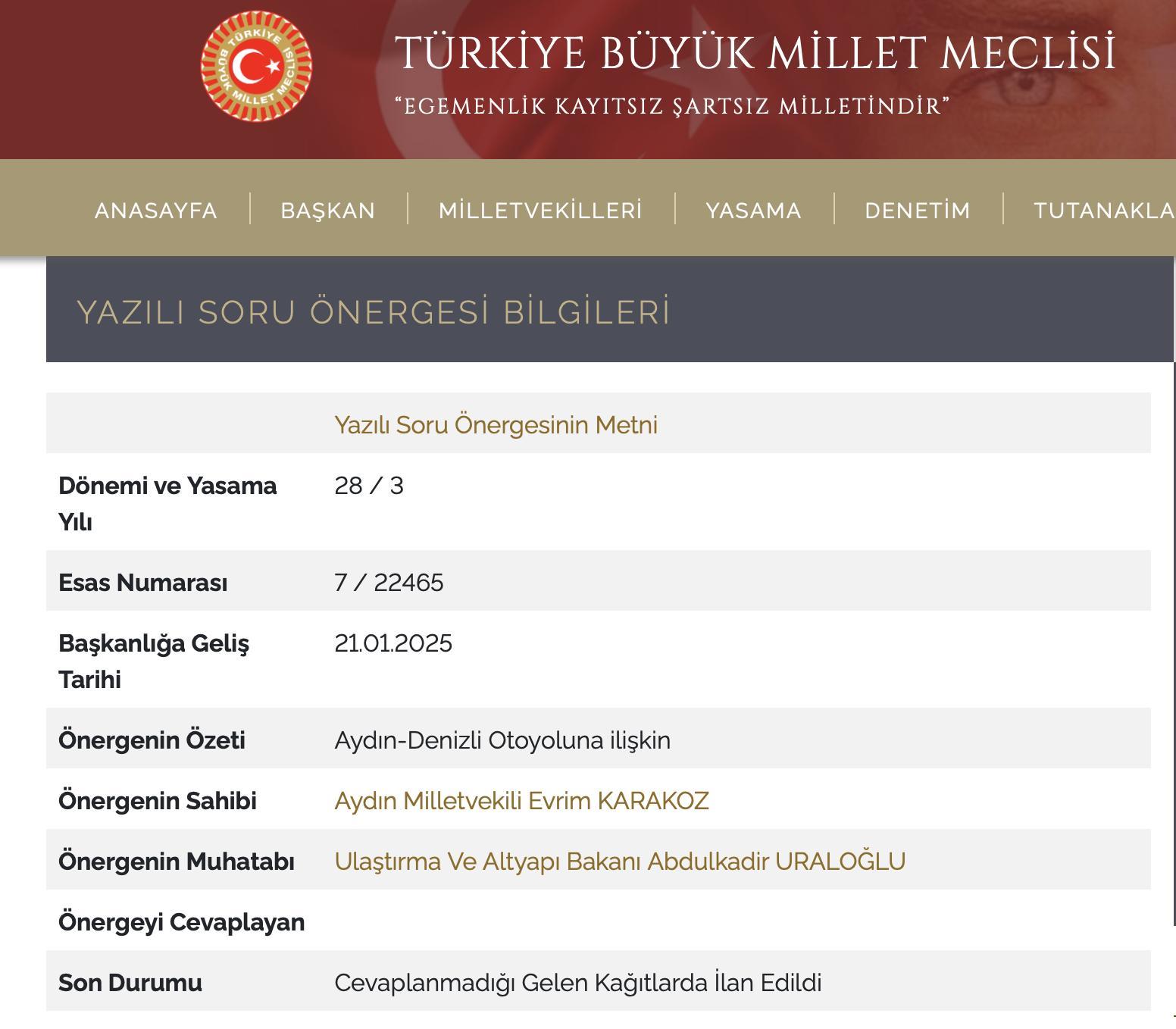 Soru Önergesi Yanıtlanmadı