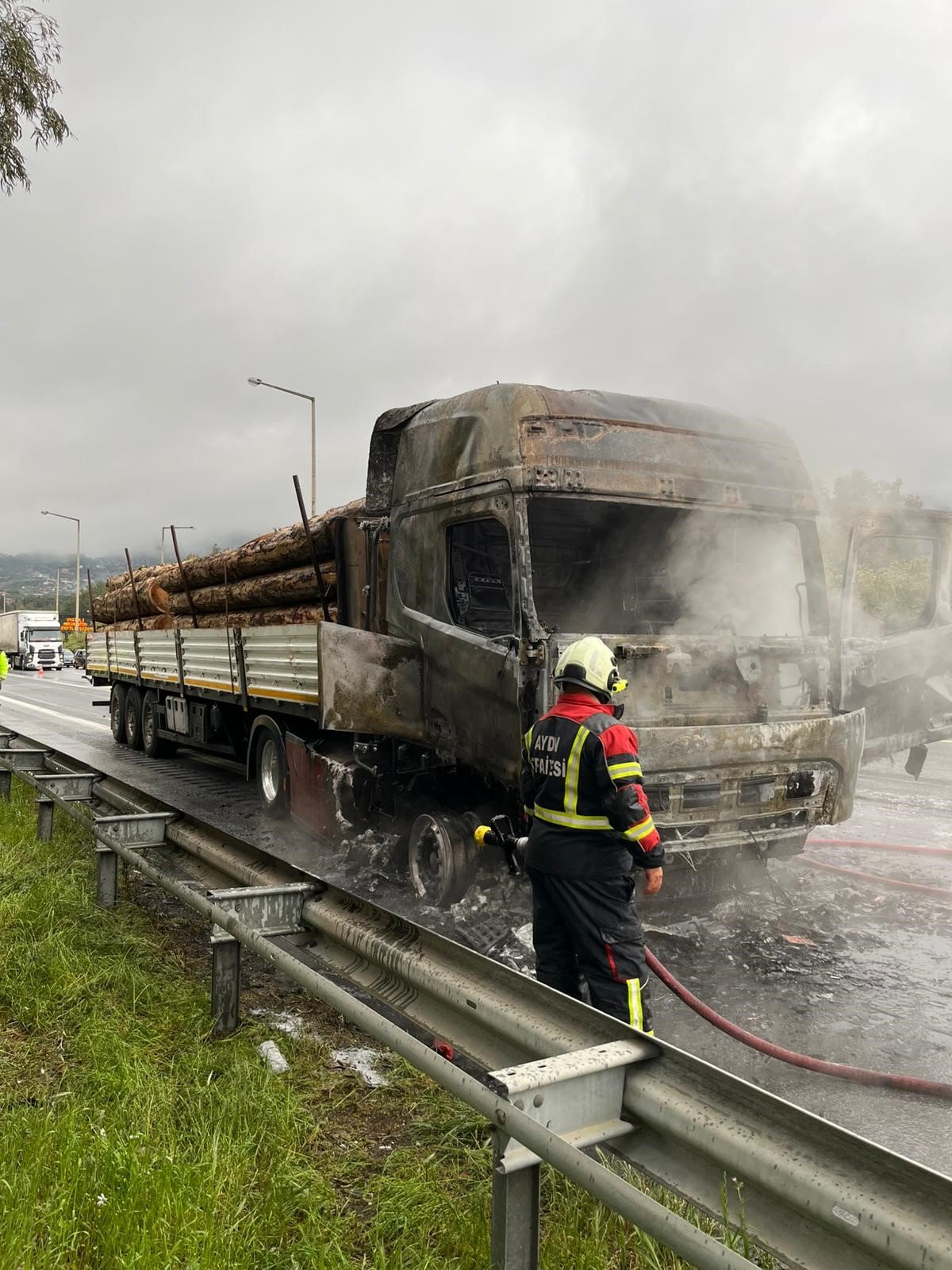 Tomruk yüklü tır alev topuna döndü