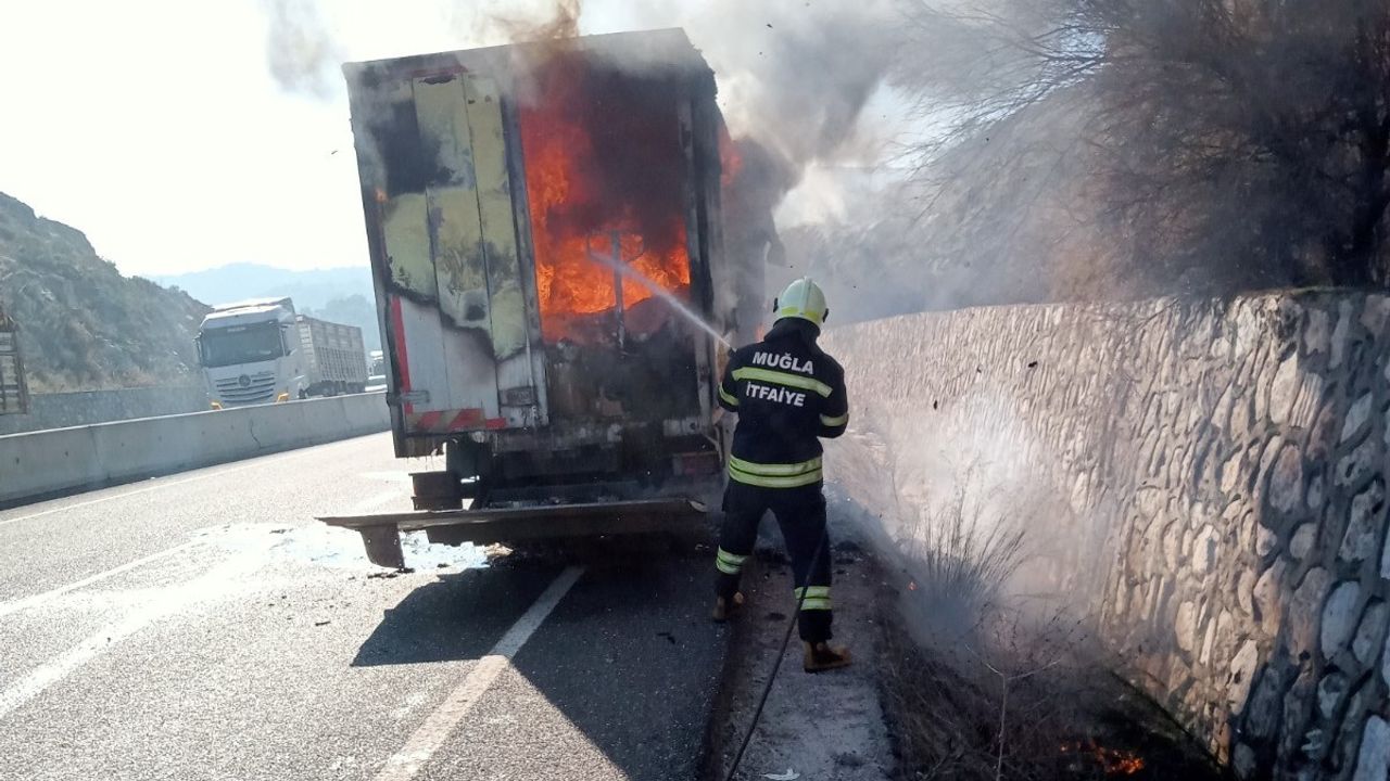 Çine'de boya yüklü kamyondaki yangın söndürüldü