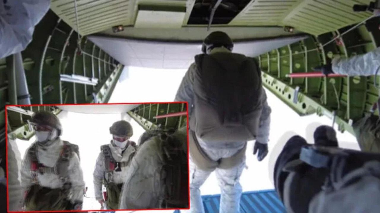 MSB, Kış tatbikatında Mehmetçiğin uçaktan atlayış görüntüsünü paylaştı