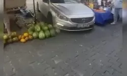 Lüks aracıyla girdiği pazar tezgahını darmadağın etti
