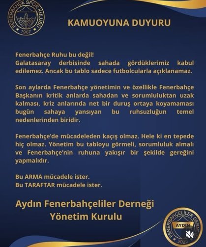 Aydın Fenerbahçeliler Derneği’nden derbi tepkisi