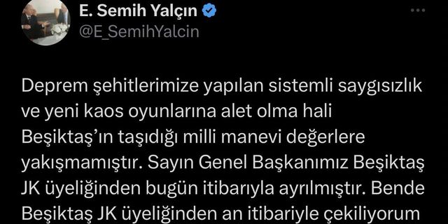 MHP Genel Başkan Yardımcısı Semih Yalçın da Beşiktaş’tan istifa etti