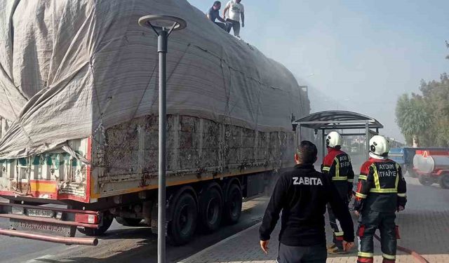 Germencik'te pamuk yüklü tırda yangın çıktı