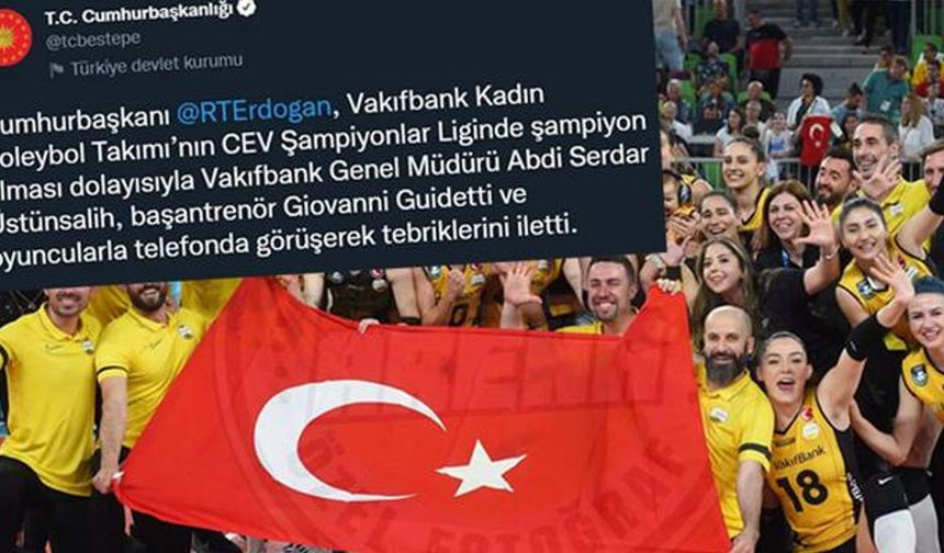 Cumhurbaşkanı Erdoğan'dan şampiyon Vakıfbank'a tebrik mesajı