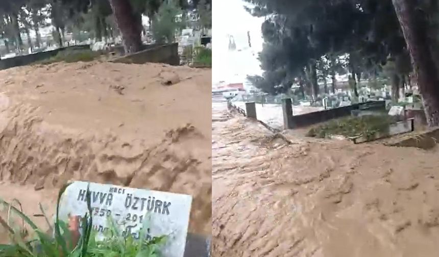 Skandal görüntüler: Söke’de bakımı yapılmayan mezarlığı sel aldı