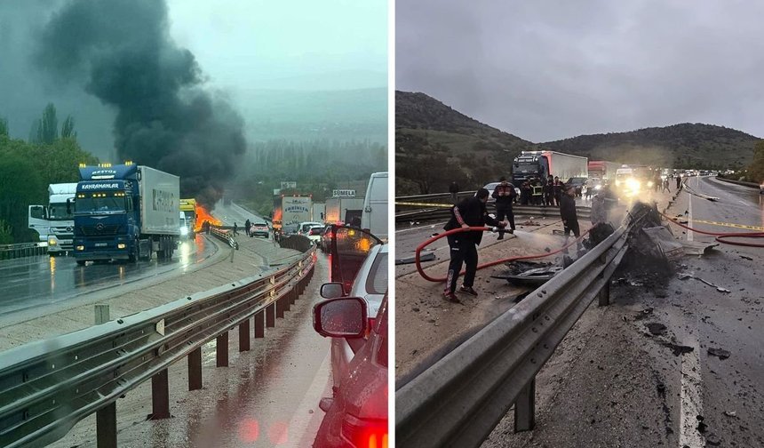 Bariyerlere çarparak yanan otomobilin sürücüsü feci şekilde can verdi
