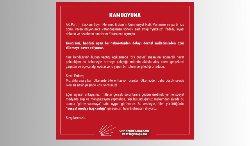 CHP Aydın İl Başkanlığı’ndan Erdem’e: Özür dile!